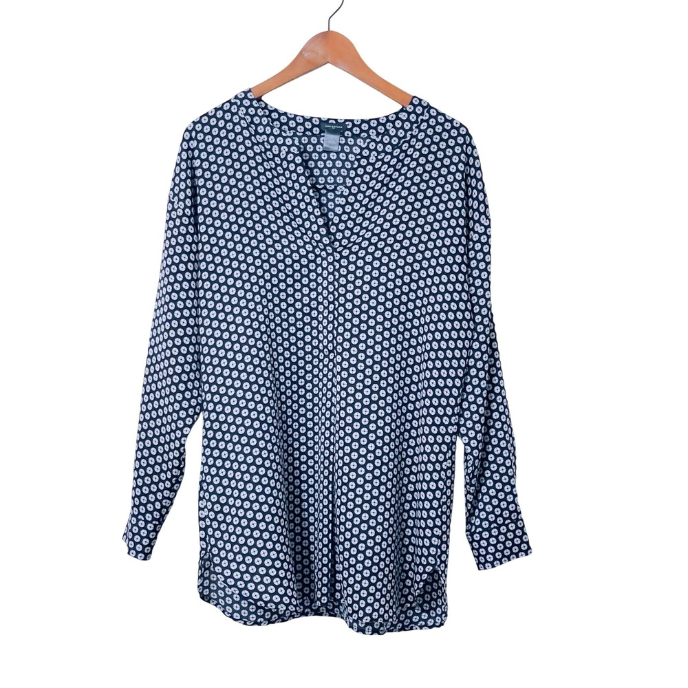 Ann Taylor Women Black White Geometric Print V-Neck Pullover Tunic Blouse Size M